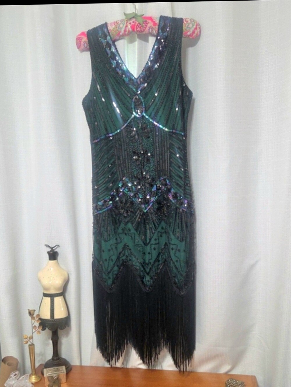 🎃Sleeveless Beaded Fringe ROARING 20S COSTUME Dress in Dark Green